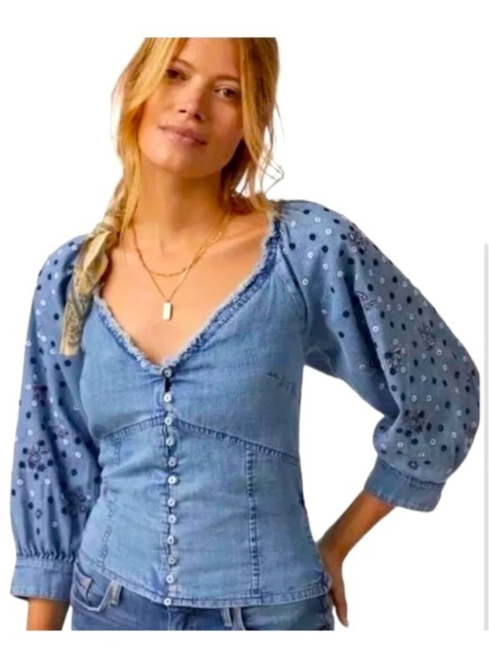 Light Blue Denim Button-Front Puff Sleeve Top